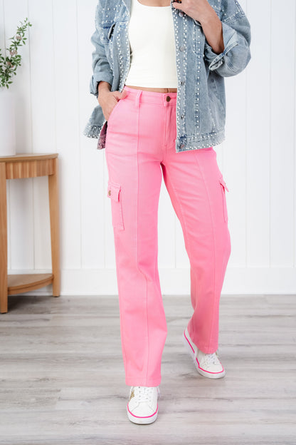 Judy Blue High Rise Pink Garment Dyed Cargo Straight Leg Jeans