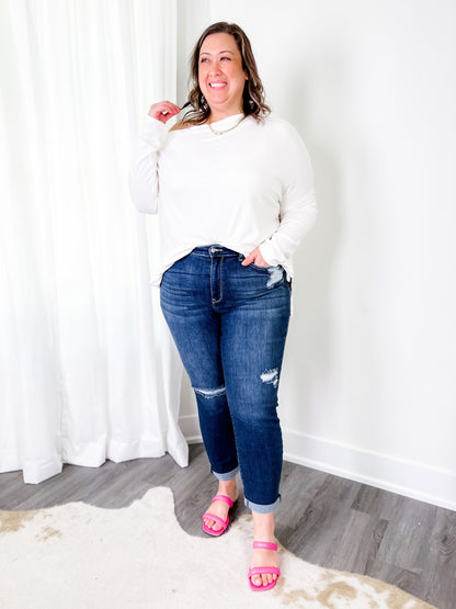 Judy Blue  Casual Friday High Rise Cuffed Boyfriend Distressed Jeans