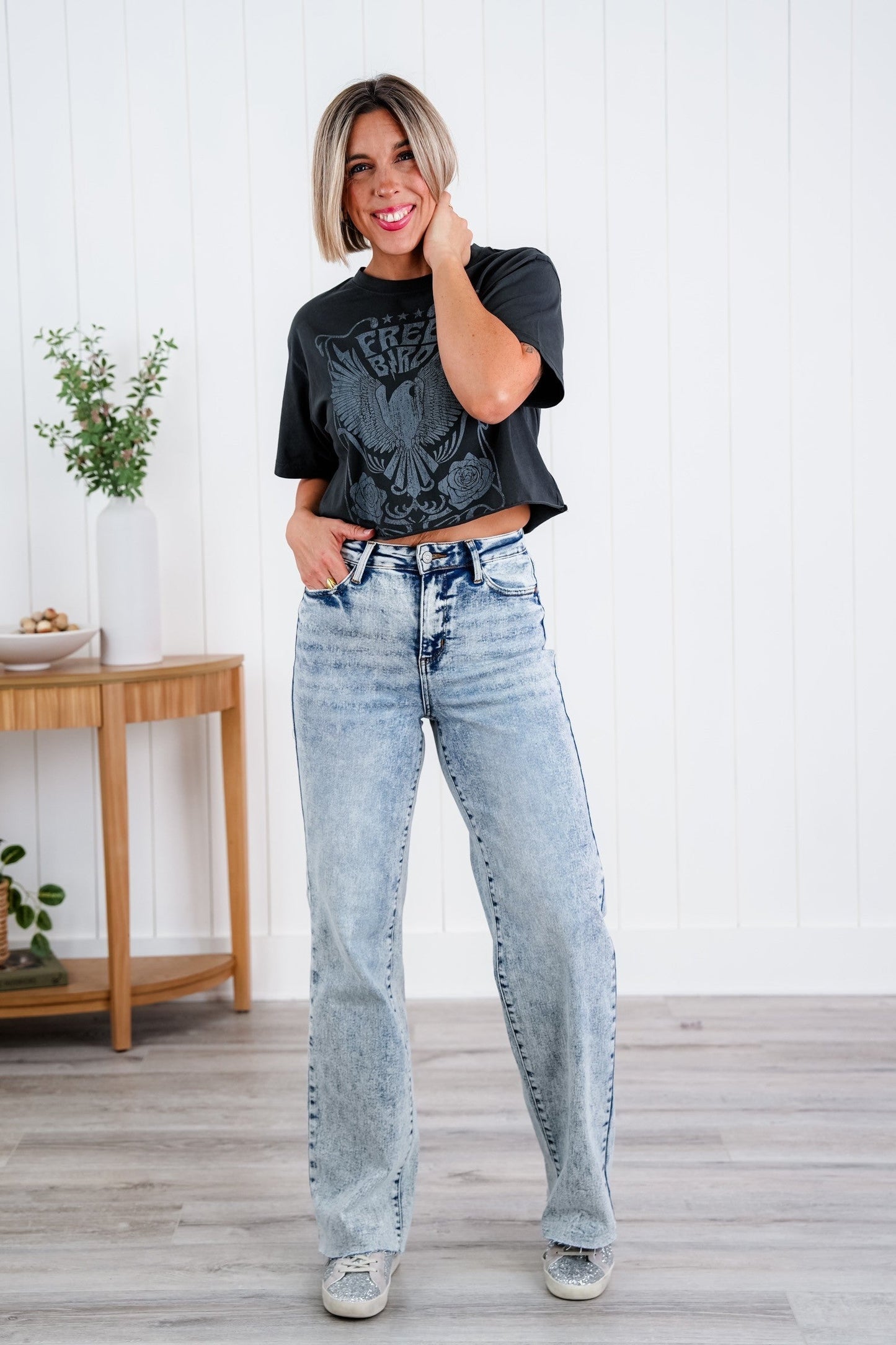 Judy Blue  Bad Blood High Rise Light Mineral Wash Raw Hem Wide Leg Jeans