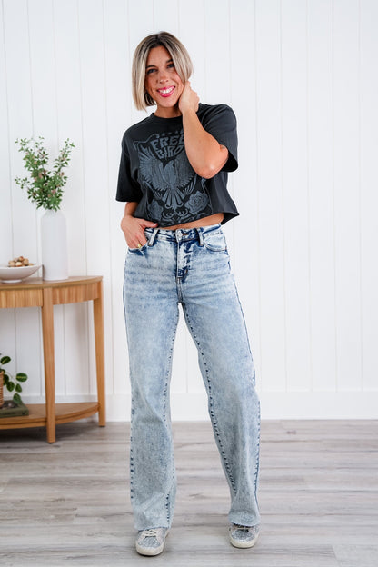 Judy Blue  Bad Blood High Rise Light Mineral Wash Raw Hem Wide Leg Jeans