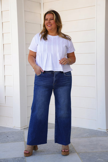Risen Mid Rise Dark Wash Tummy Control Elastic Waistband Cropped Wide Leg Jeans