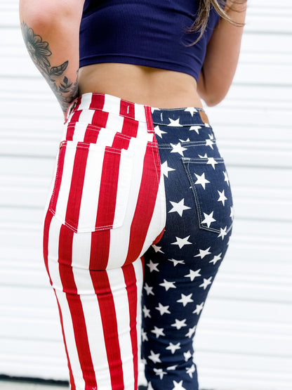 Judy Blue High Rise Stars and Stripes Print Raw Hem Flare Jeans