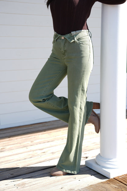 Risen Mid Rise Olive Flap Slim Wide Leg Jeans