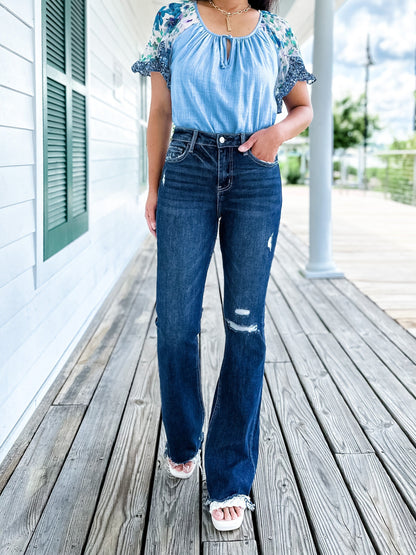 Plus/Reg Vervet High Rise Distressed Flare Jeans With Raw Hem