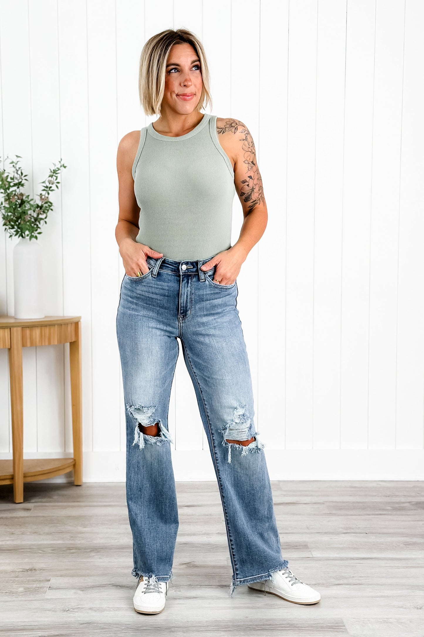 Judy Blue Wonderwall High Rise 90s Destroyed Knee Straight Leg Jeans