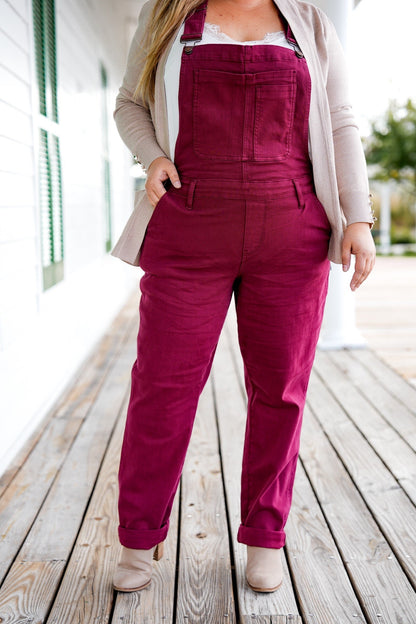 Judy Blue High Rise Maroon Garment Dyed Double Cuffed Boyfriend Overalls