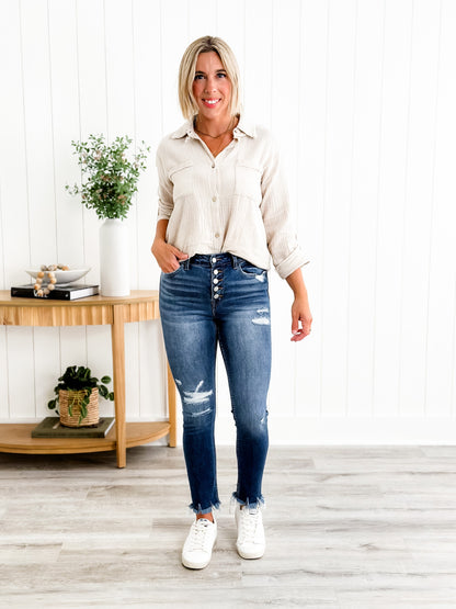 Vervet Parkside Medium Wash Distressed Button Down Skinny Jeans with Raw Ankle Hem