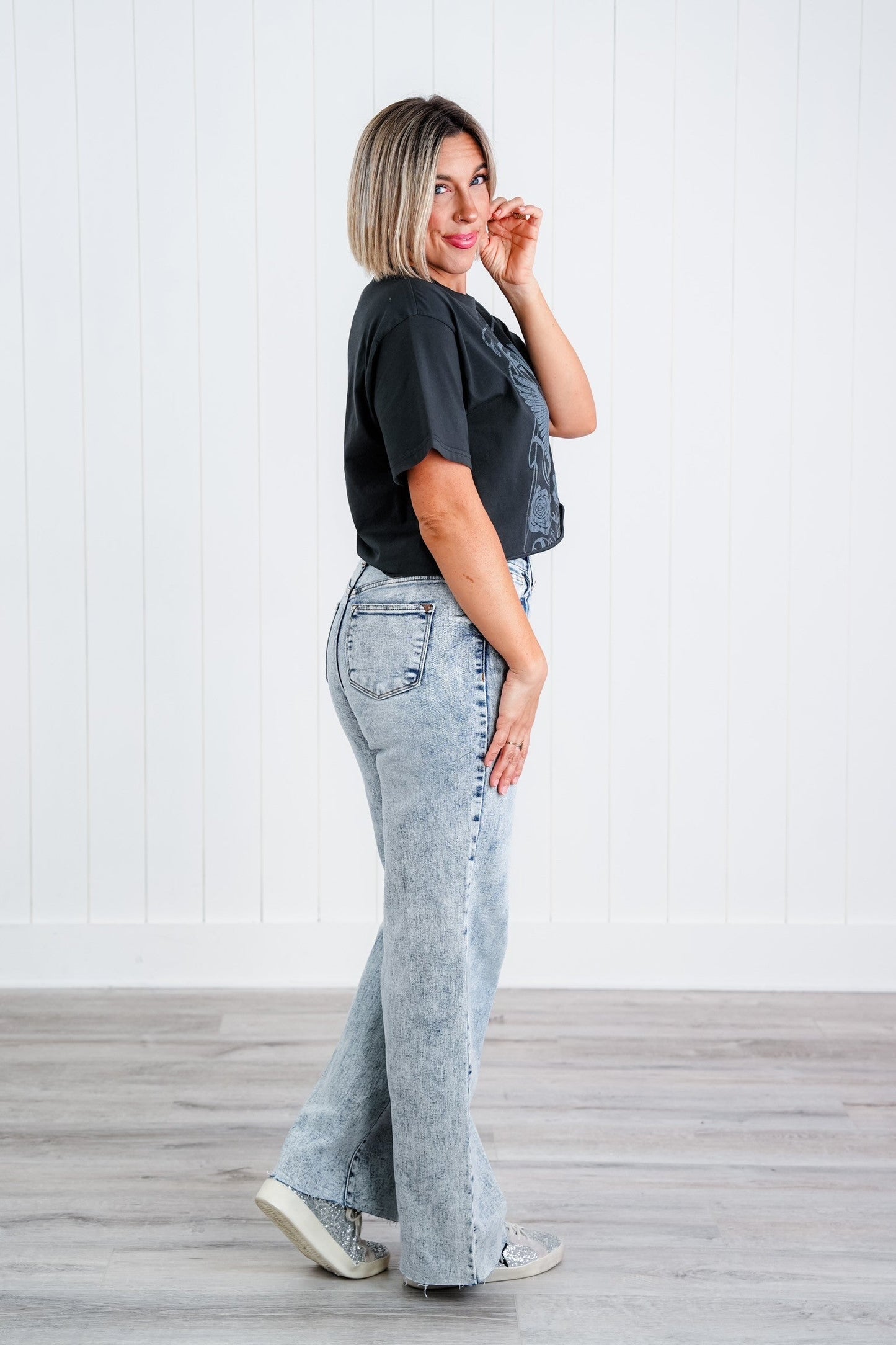 Judy Blue  Bad Blood High Rise Light Mineral Wash Raw Hem Wide Leg Jeans