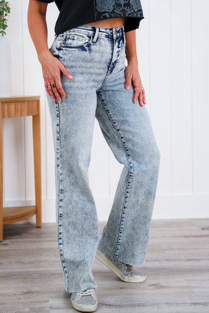 Judy Blue  Bad Blood High Rise Light Mineral Wash Raw Hem Wide Leg Jeans
