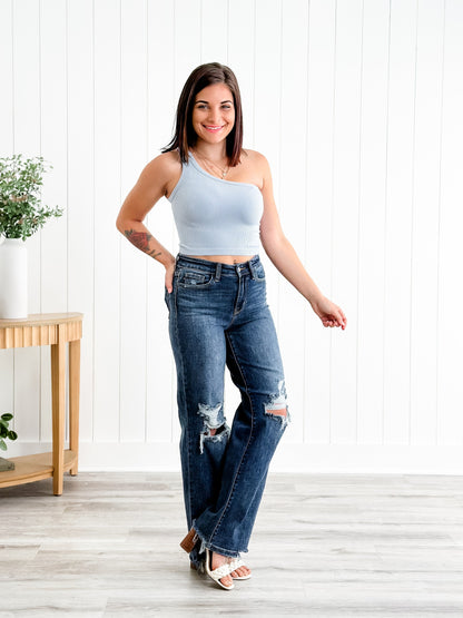 Judy Blue Jagged Little Pill High Rise Dark Wash 90's Destroyed Knee Straight Leg Jeans