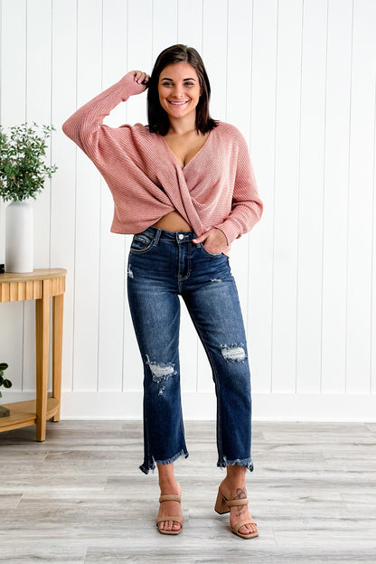 Risen High Rise Dark Wash Crop Step Chew Jeans
