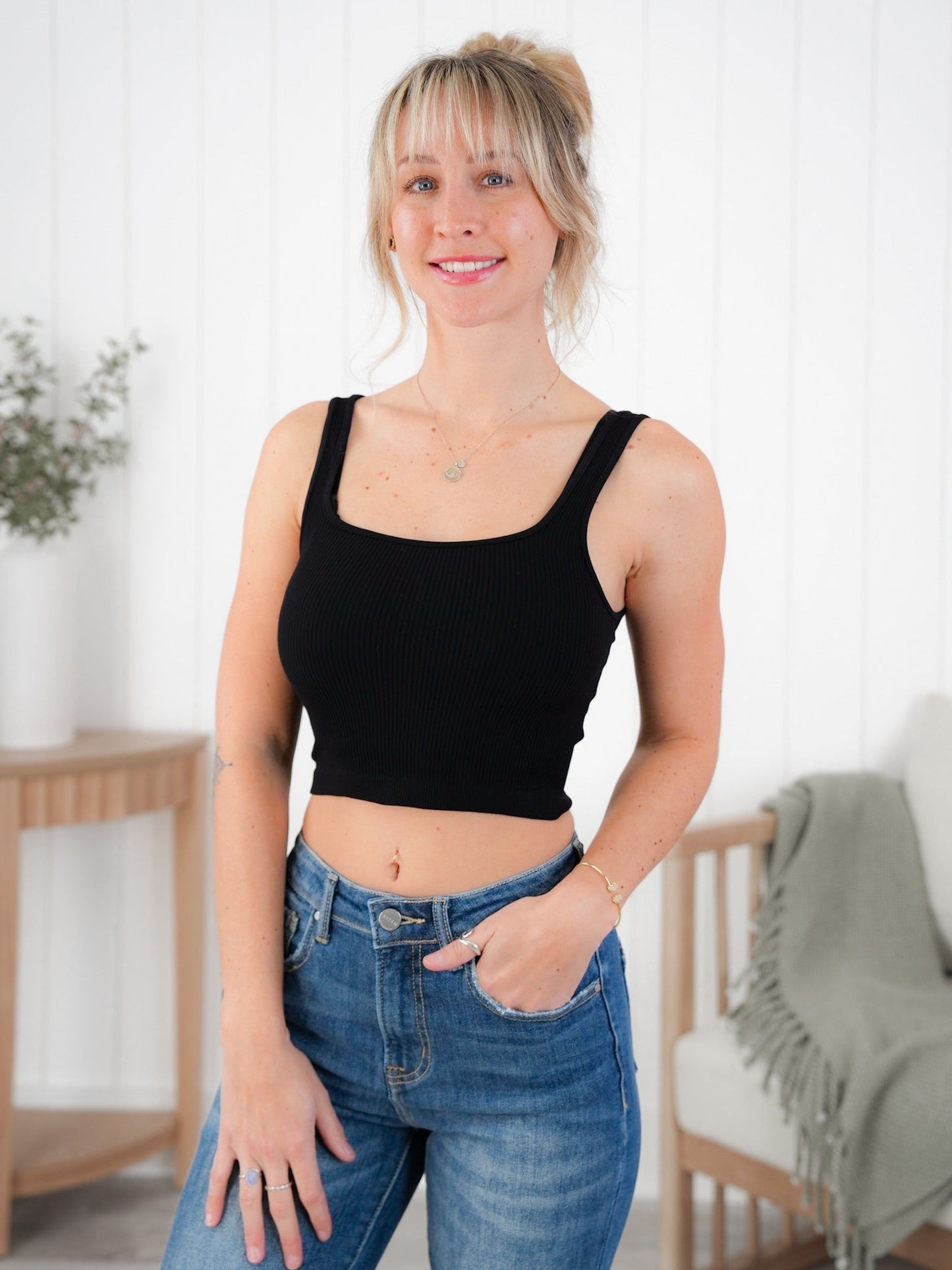 Ribbed Knit Square Neck Cropped Tank Top (Multiple Colors)