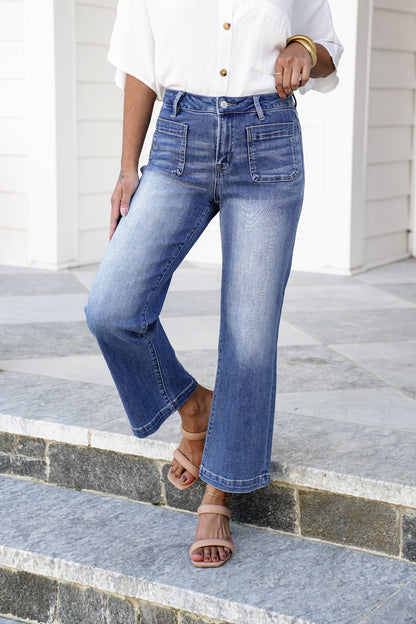 Mica High Rise Medium Wash Cropped Wide Leg Jeans with Patch Pockets