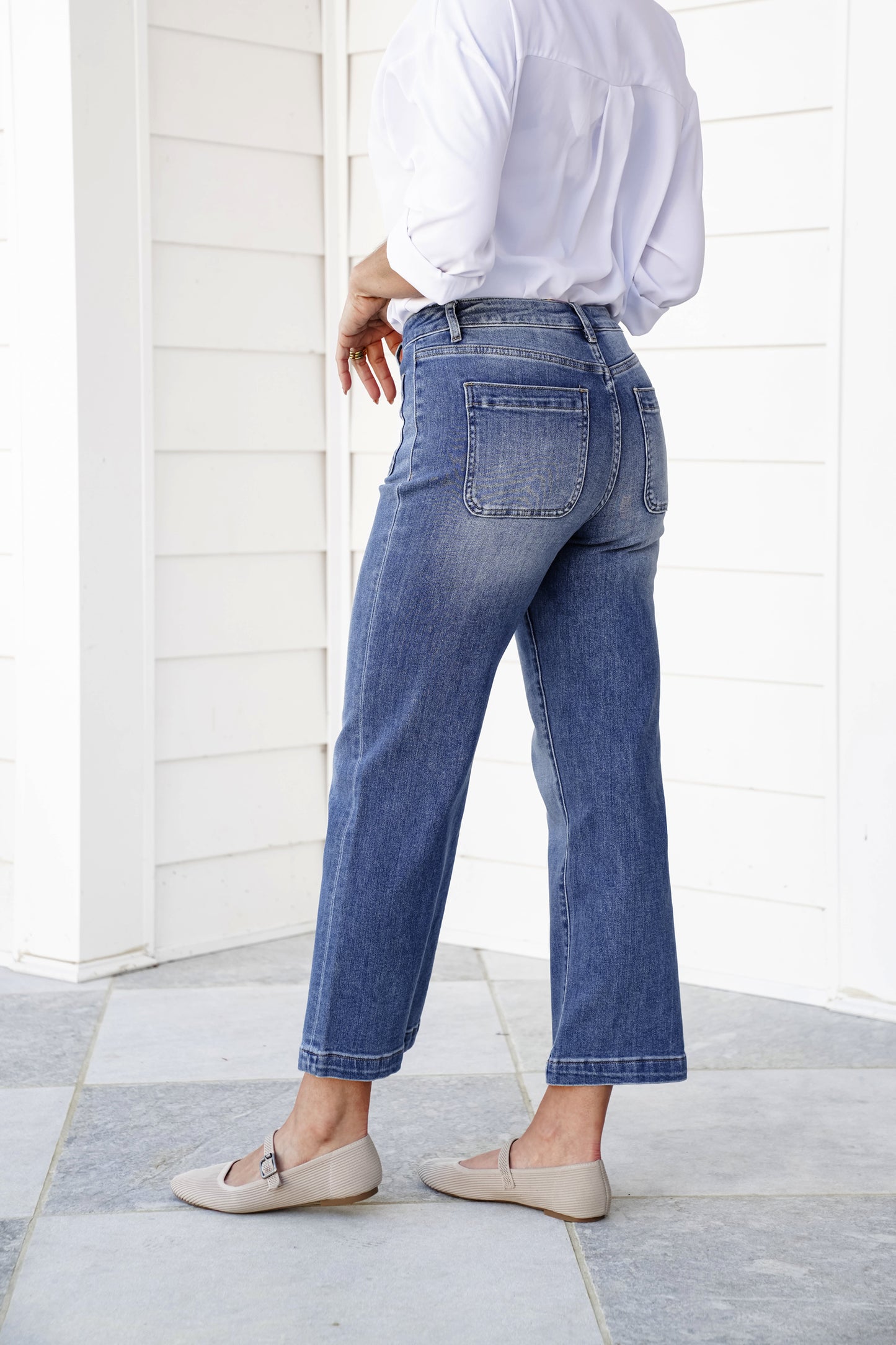 Mica High Rise Medium Wash Cropped Wide Leg Jeans with Patch Pockets