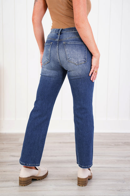 Risen Cropped to Perfection High Rise Dark Wash Relaxed Straight Leg Jeans