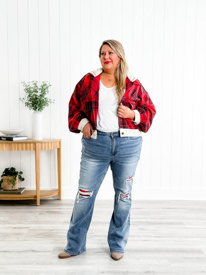 Judy Blue Plaid for You Mid Rise Medium Wash Bootcut Jeans With Patch Detail