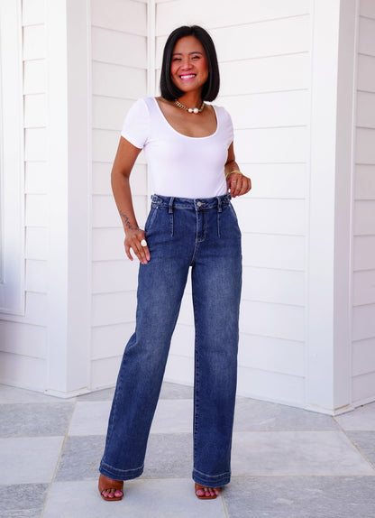 Risen High Rise Medium Wash Adjustable Waistband Wide Leg Pleated Jeans