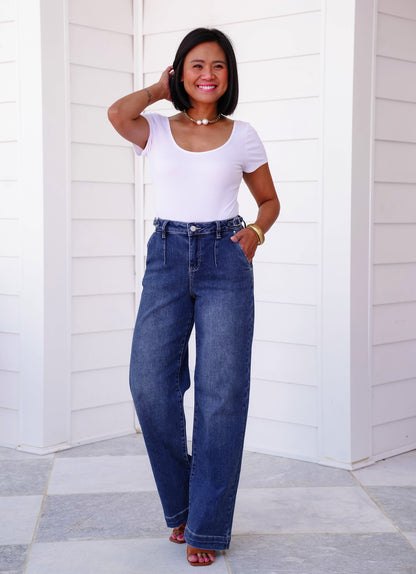 Risen High Rise Medium Wash Adjustable Waistband Wide Leg Pleated Jeans