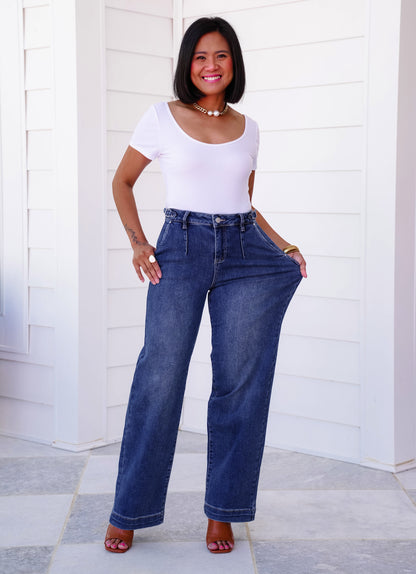 Risen High Rise Medium Wash Adjustable Waistband Wide Leg Pleated Jeans
