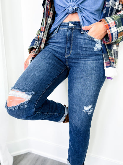 Judy Blue  Casual Friday High Rise Cuffed Boyfriend Distressed Jeans