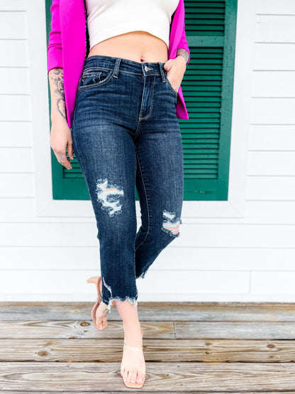 Judy Blue After Hours Dark Wash Destroyed Hem Cropped Straight Leg Jeans