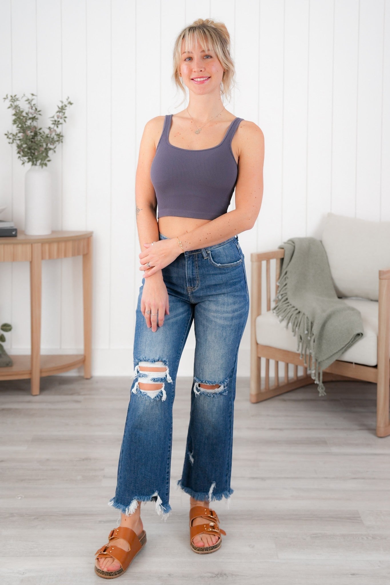 Ribbed Knit Square Neck Cropped Tank Top (Multiple Colors)