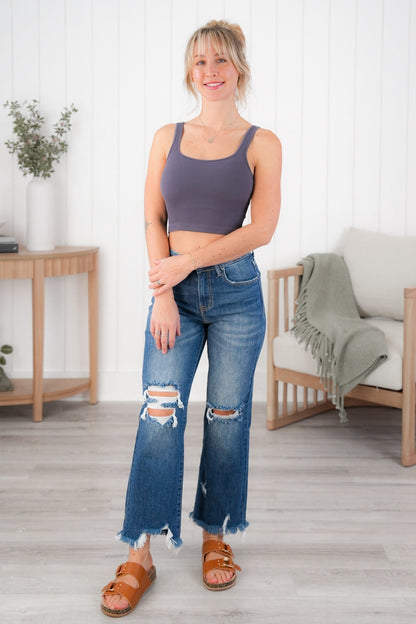 Ribbed Knit Square Neck Cropped Tank Top (Multiple Colors)
