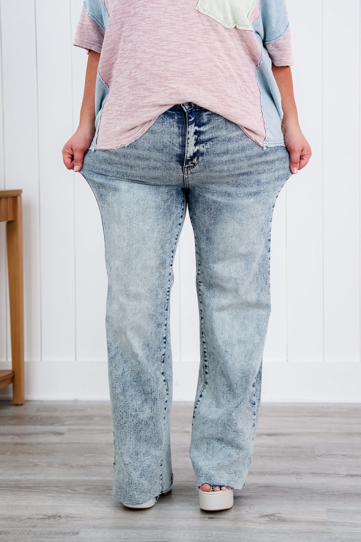 Judy Blue  Bad Blood High Rise Light Mineral Wash Raw Hem Wide Leg Jeans