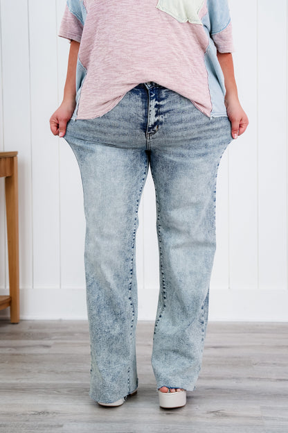 Judy Blue  Bad Blood High Rise Light Mineral Wash Raw Hem Wide Leg Jeans