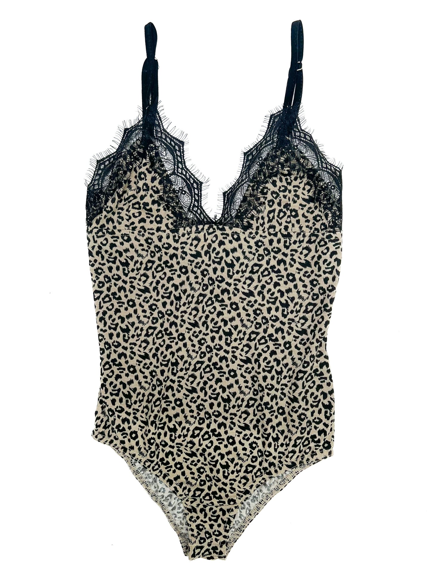 POL Sleeveless V Neck Lace Trim Leopard Print Body Suit