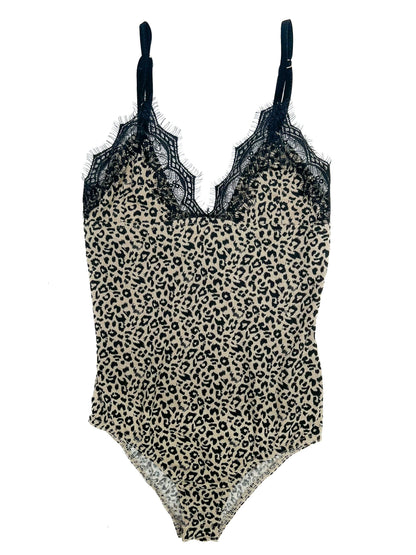 POL Sleeveless V Neck Lace Trim Leopard Print Body Suit