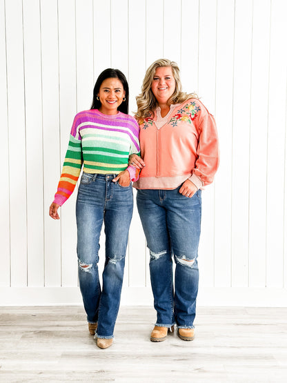 Judy Blue High Rise Medium Wash Destroyed Knee & Frayed Hem Straight Leg Jeans