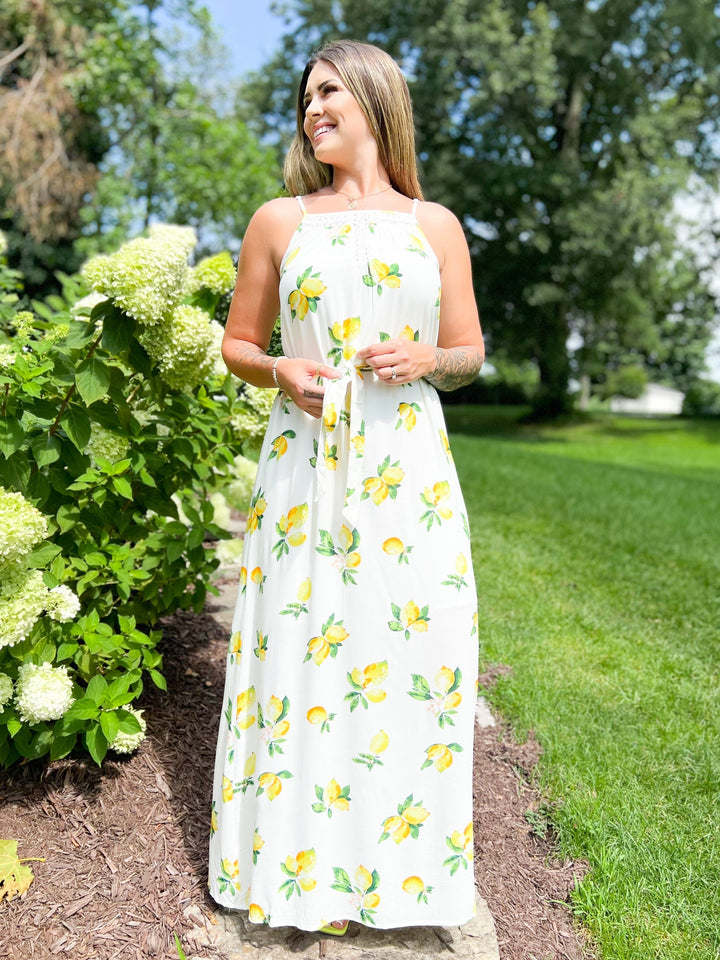 Lemon Print Sleeveless  Belted Maxi Dress With Lace Detail