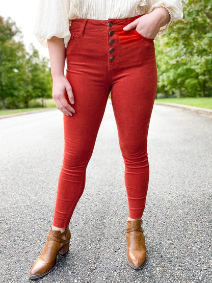 Cello High Rise Button Fly Corduroy  Skinnies