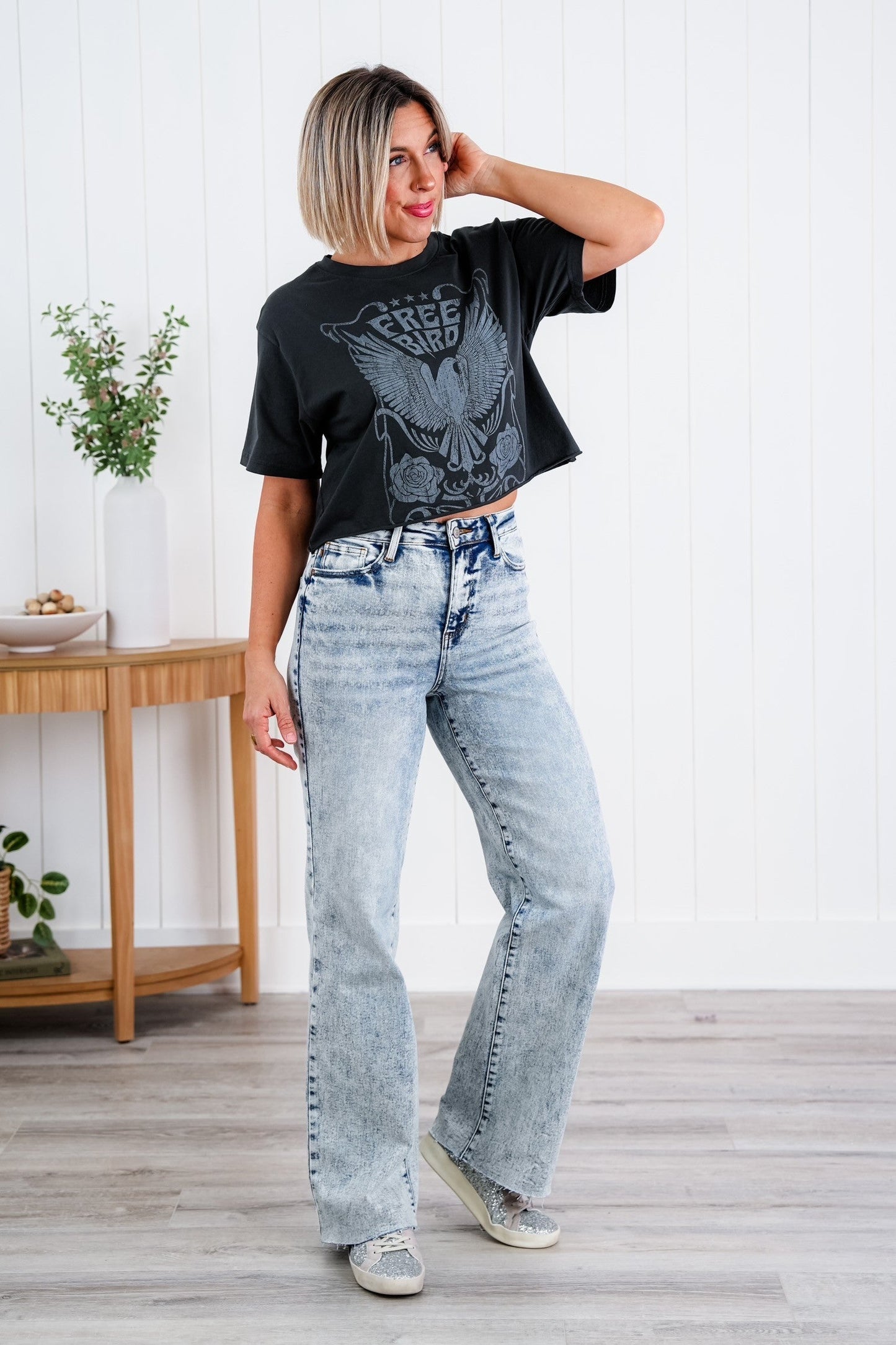 Judy Blue  Bad Blood High Rise Light Mineral Wash Raw Hem Wide Leg Jeans