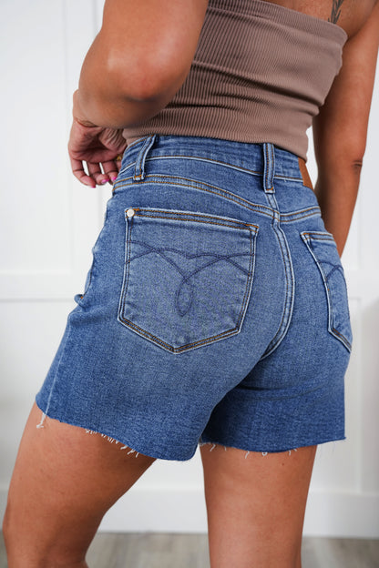 Judy Blue Friends Forever Medium Wash Raw Hem Shorts