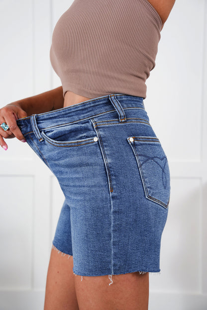 Judy Blue Friends Forever Medium Wash Raw Hem Shorts