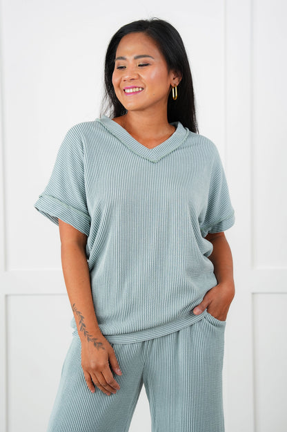 Ribbed Short Sleeve V Neck Top With Elastic Waistband Lounge Pant Set (Multiple Colors)