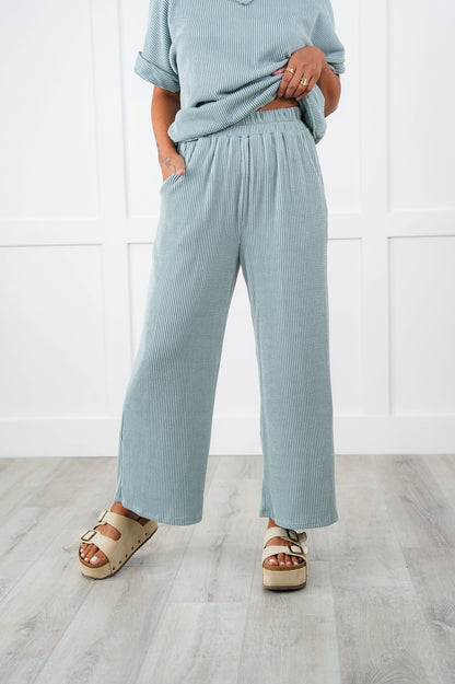 Ribbed Short Sleeve V Neck Top With Elastic Waistband Lounge Pant Set (Multiple Colors)