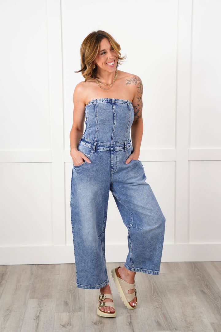 Mineral Wash Denim Sleeveless Overalls with Smocking Detail