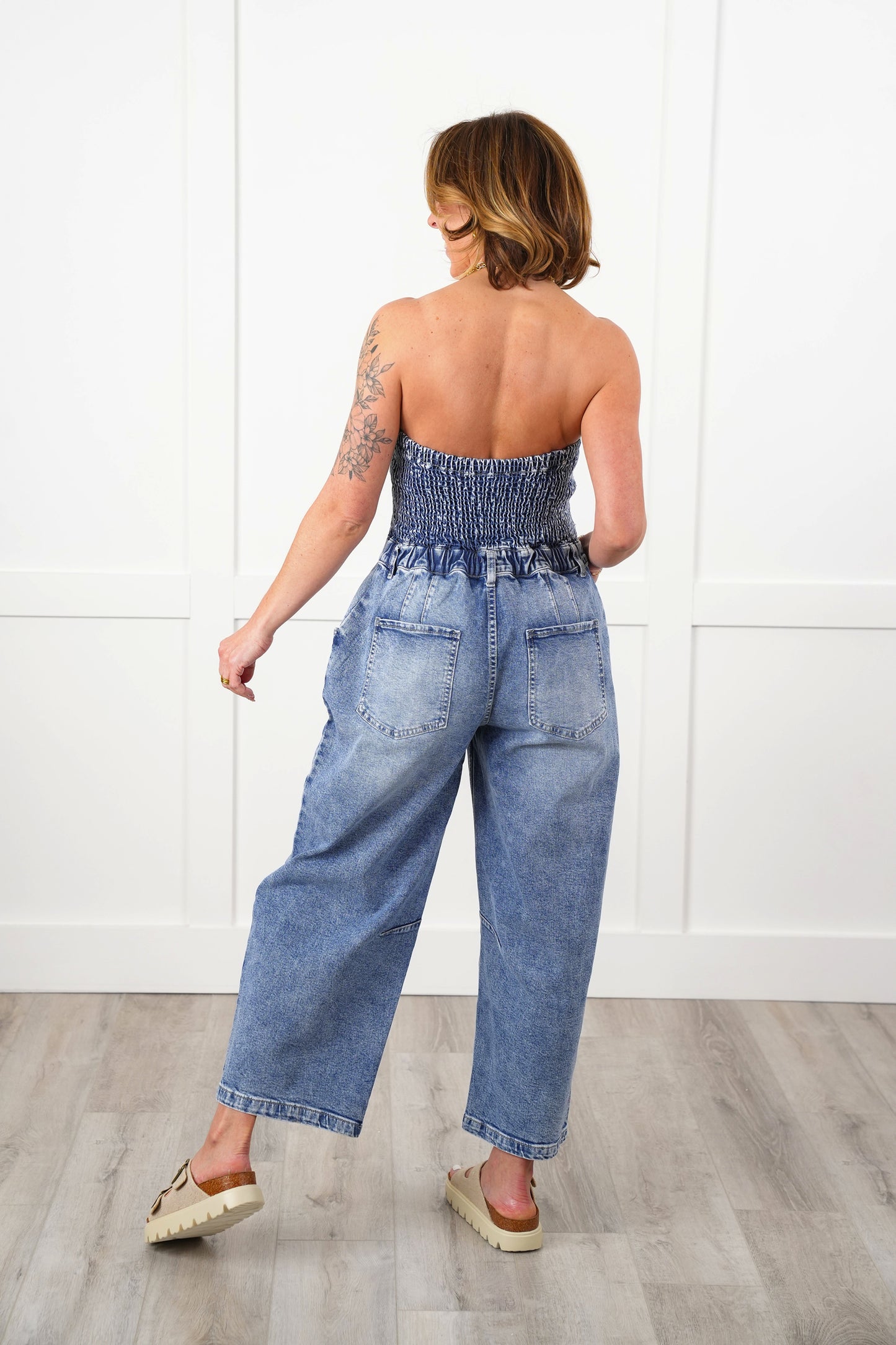 Mineral Wash Denim Sleeveless Overalls with Smocking Detail