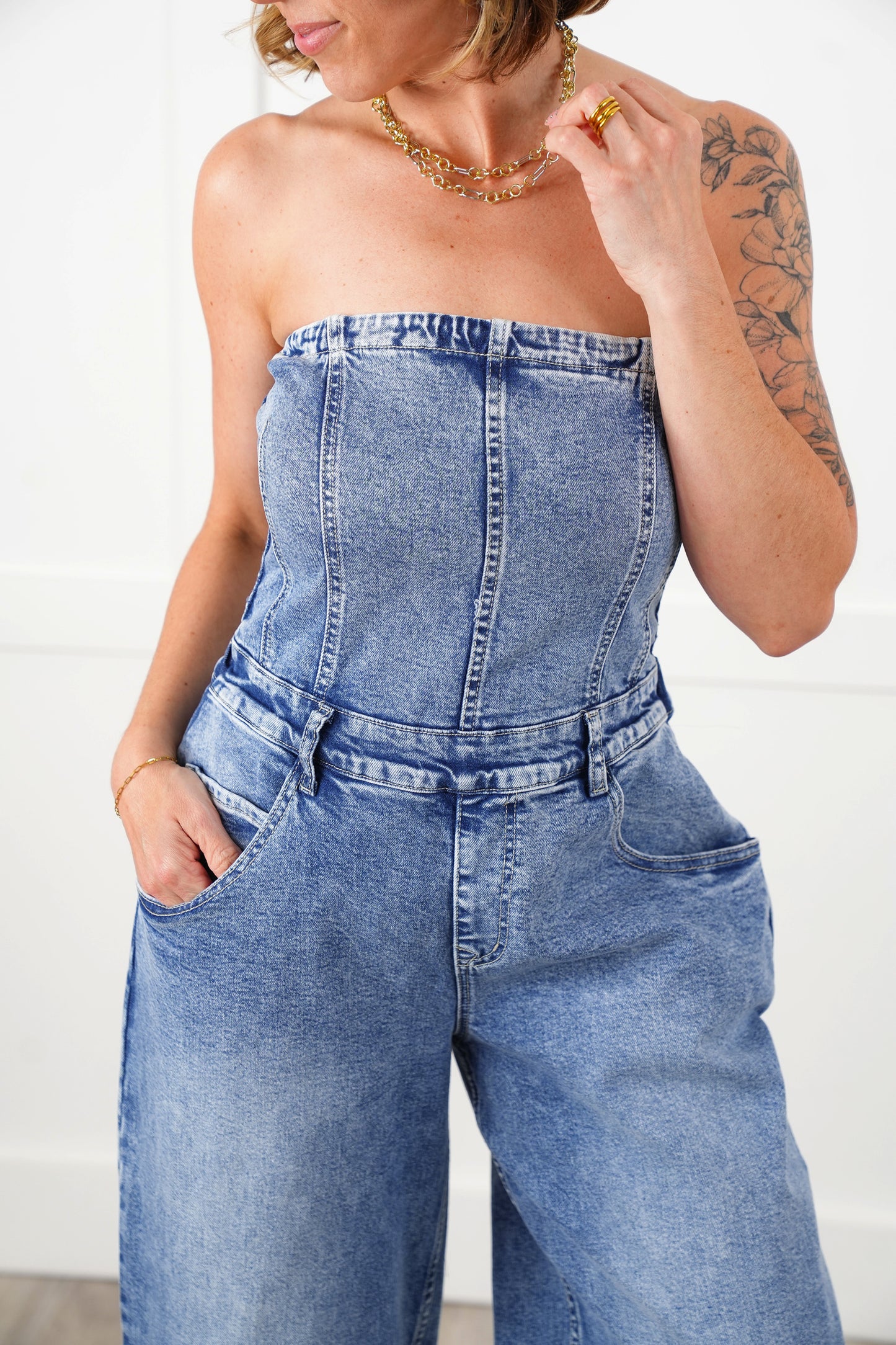 Mineral Wash Denim Sleeveless Overalls with Smocking Detail