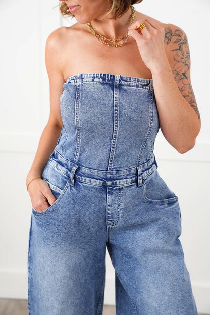 Mineral Wash Denim Sleeveless Overalls with Smocking Detail