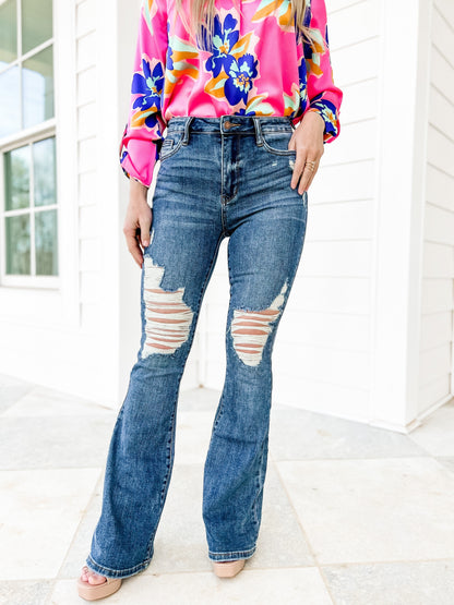 Judy Blue Country Roads Medium Wash Mid Rise Distressed Flare Long Inseam Jeans
