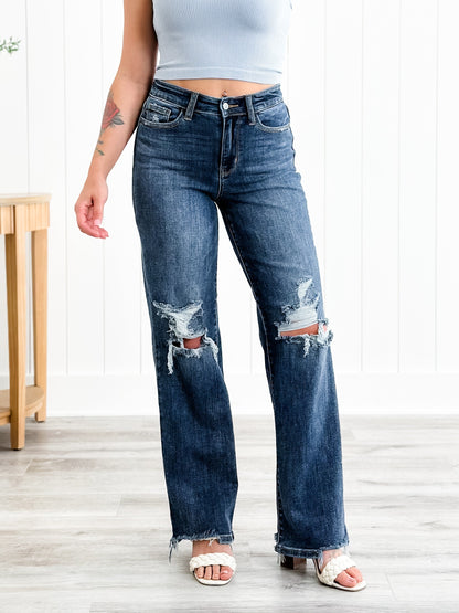 Judy Blue Jagged Little Pill High Rise Dark Wash 90's Destroyed Knee Straight Leg Jeans