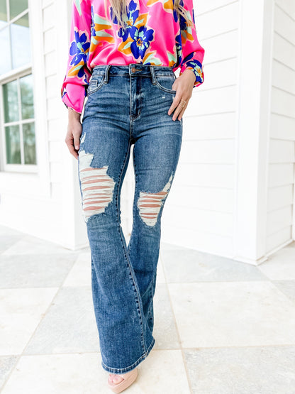 Judy Blue Country Roads Medium Wash Mid Rise Distressed Flare Long Inseam Jeans