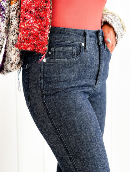 Judy Blue  Starry Night High Rise Dark Wash Tummy Control Top Raw Hem Jeans
