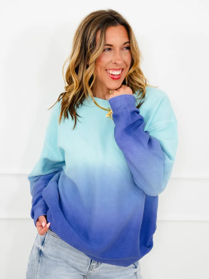 Plus/Reg Dip Dyed Corded Long Sleeve Pullover Top