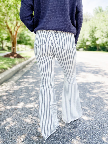 Judy Blue Long Inseam White Pinstripe Super Flare Jeans