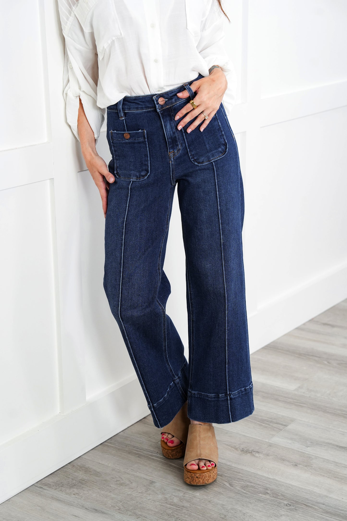 Risen Working Overtime High Rise Dark Wash Patch Pocket with Front Pintuck Wide Leg Jeans